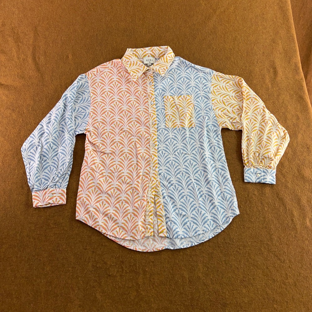 Aura Womens Medium Multicolor Printed Linen Blend Button Front Shirt New